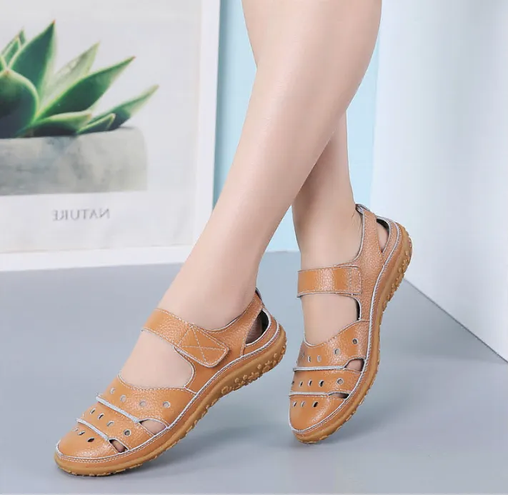 Women's Leather Hollow Hook Casual Flat Sandals