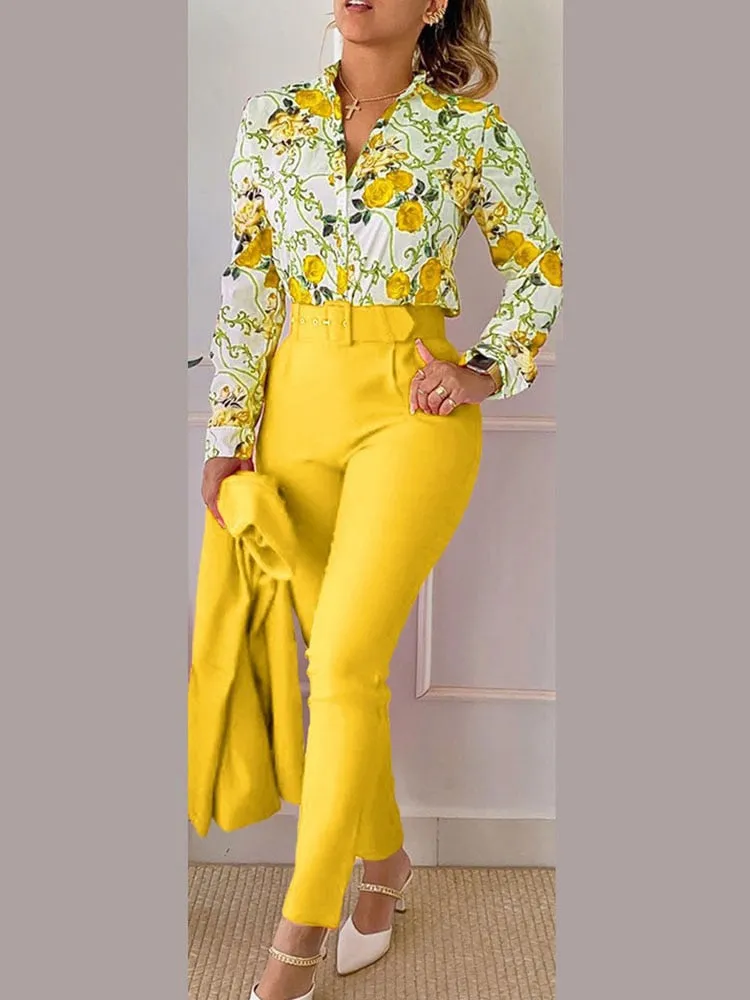 Women's Printed Long Sleeved Shirt Suit Spring Summer Slim High Waist Lace Up Elegant Female Office Pencil Pants Two Piece Set