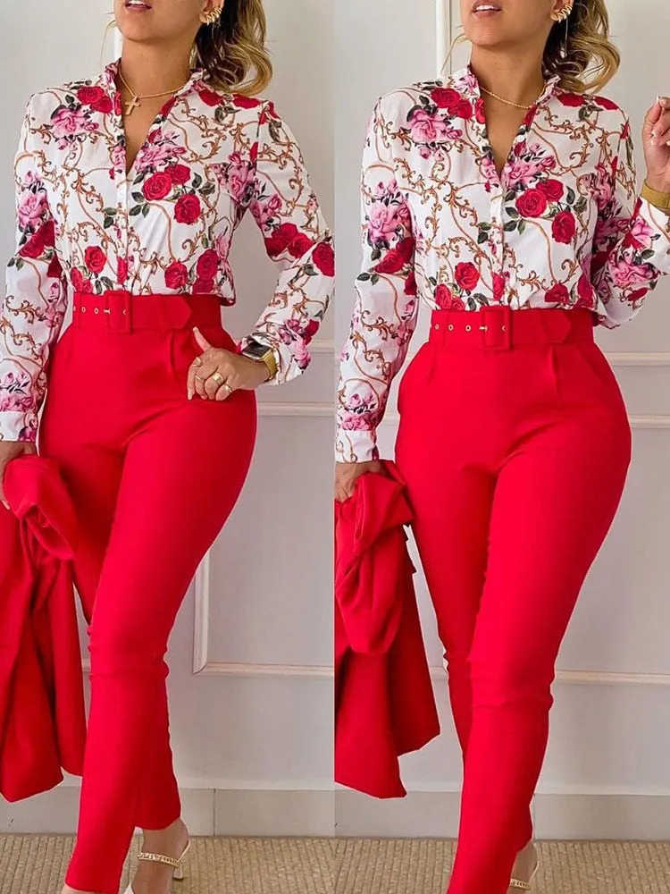 Women's Printed Long Sleeved Shirt Suit Spring Summer Slim High Waist Lace Up Elegant Female Office Pencil Pants Two Piece Set