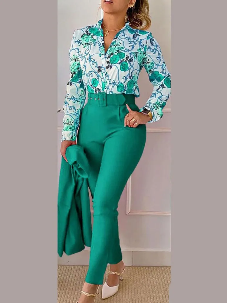 Women's Printed Long Sleeved Shirt Suit Spring Summer Slim High Waist Lace Up Elegant Female Office Pencil Pants Two Piece Set